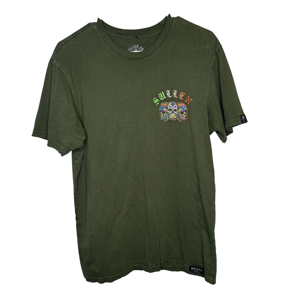 Sullen Art Collective T Shirt Mens Medium M Green Skull Roses Graphic Tattoo Tee - Picture 2 of 8